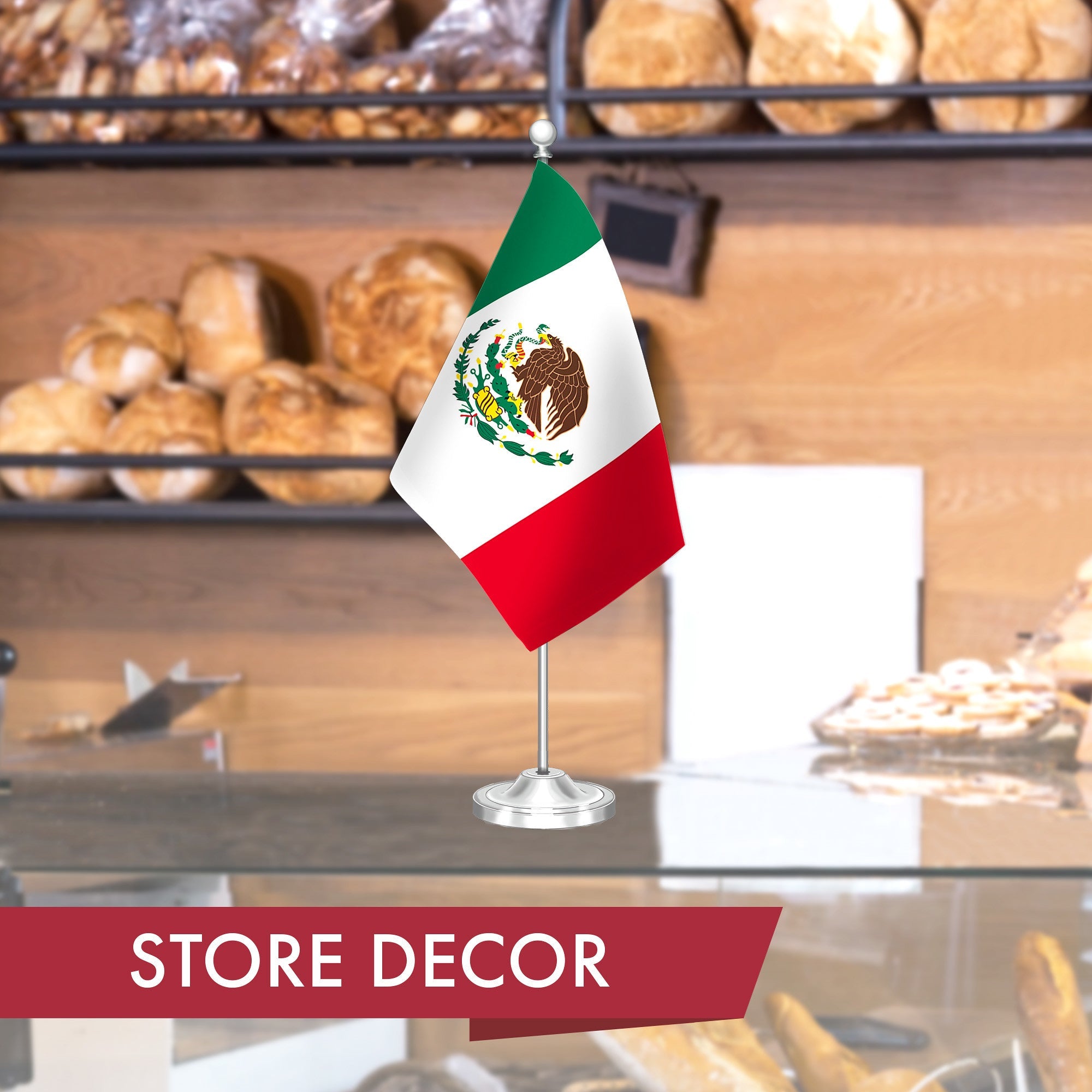 G128 Mexico Mexican Deluxe Desk Flag Set | 8.5x5.5 In | Printed 300D Polyester, with Silver Dome and Base, 15" Metal Pole, Decorations For Office, Home and Festival Events Celebration