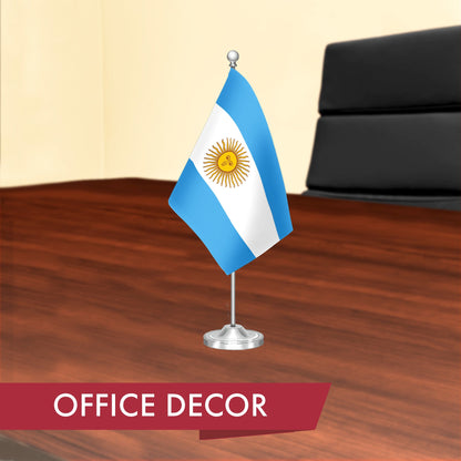 Argentina Argentinian Deluxe Desk Flag Set | 8.5x5.5 In | Printed 300D Polyester, with Silver Dome and Base, 15" Metal Pole, Decorations For Office, Home and Festival Events Celebration