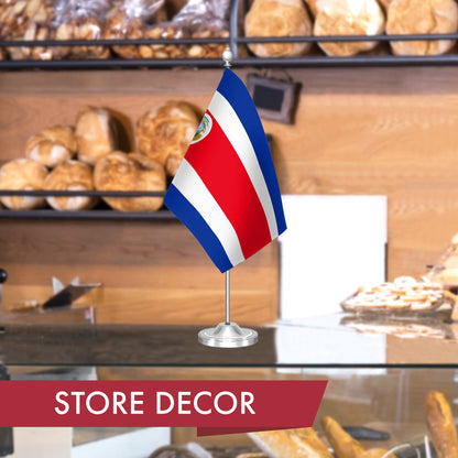 G128 Costa Rica Costa Rican Deluxe Desk Flag Set | 8.5x5.5 In | Printed 300D Polyester, with Silver Dome and Base, 15" Metal Pole, Decorations For Office, Home and Festival Events Celebration