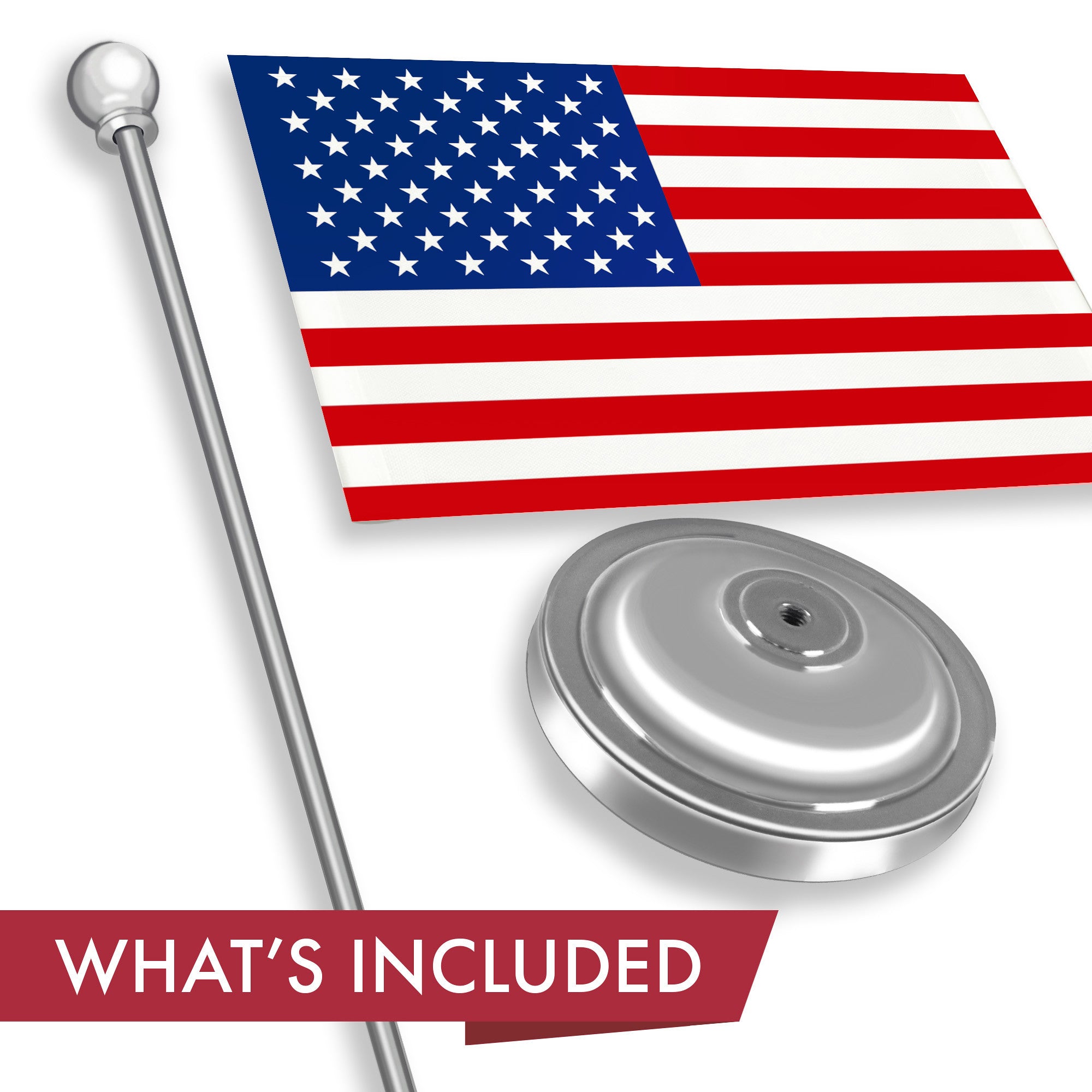 G128 American USA Deluxe Desk Flag Set | 8.5x5.5 In | Printed 300D Polyester, with Silver Dome and Base, 15" Metal Pole, Decorations For Office, Home and Festival Events Celebration