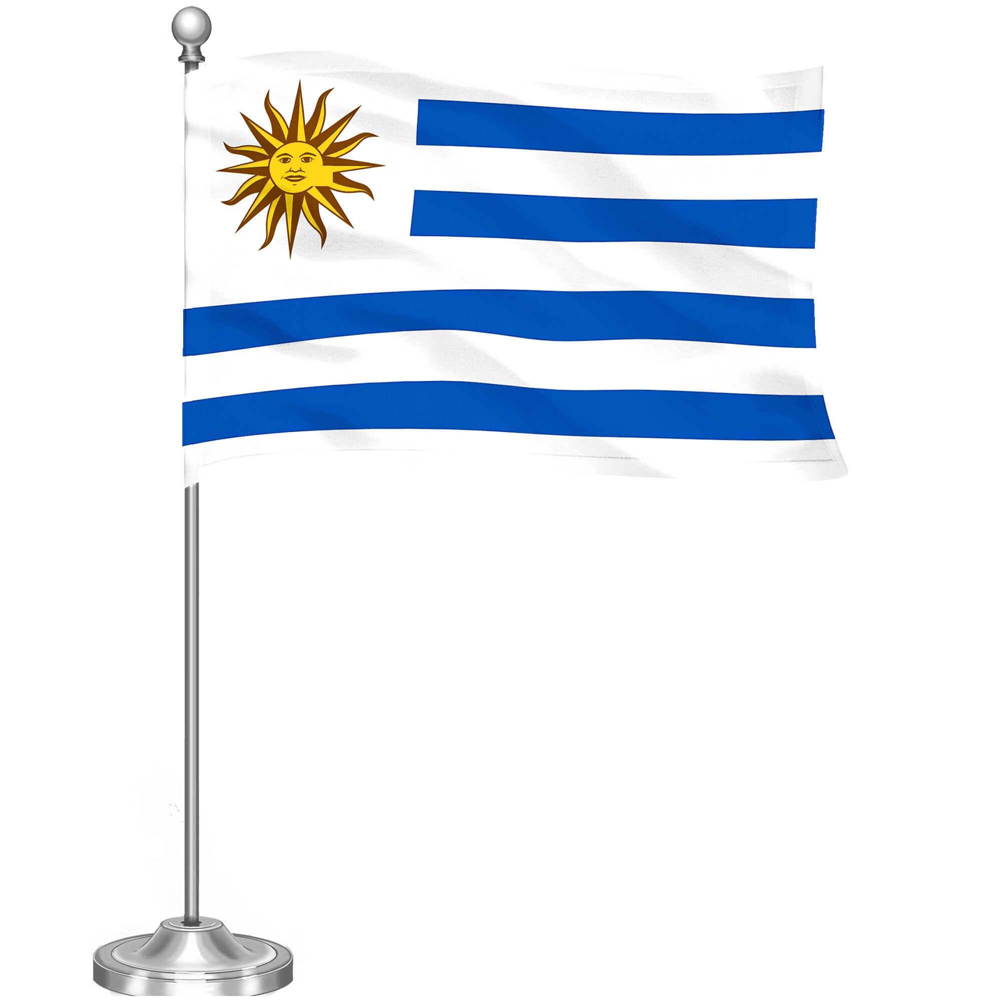 G128 Uruguay 	Uruguayan Deluxe Desk Flag Set | 8.5x5.5 In | Printed 300D Polyester, with Silver Dome and Base, 15" Metal Pole, Decorations For Office, Home and Festival Events Celebration