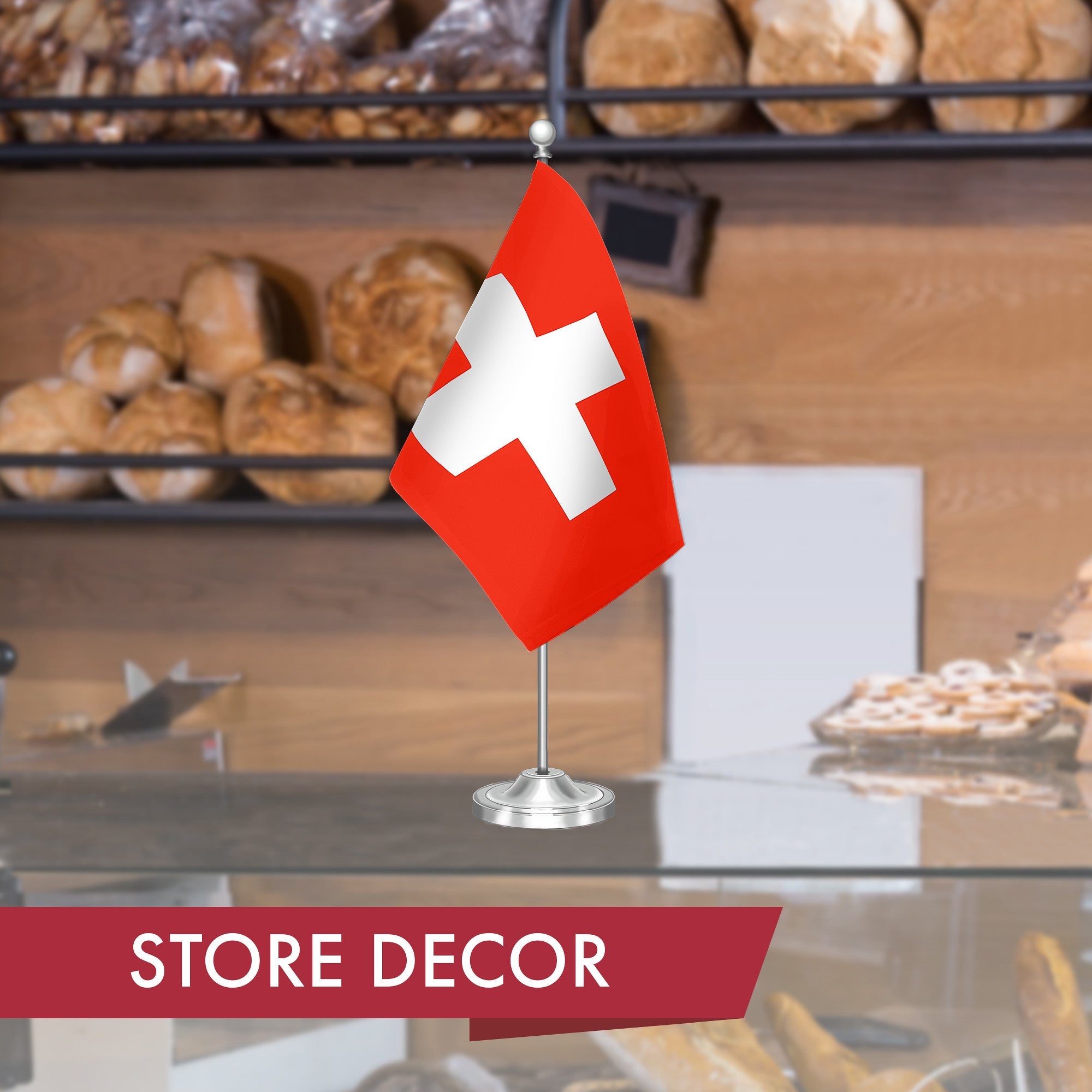 G128 Switzerland Swiss Deluxe Desk Flag Set | 8.5x5.5 In | Printed 300D Polyester, with Silver Dome and Base, 15" Metal Pole, Decorations For Office, Home and Festival Events Celebration