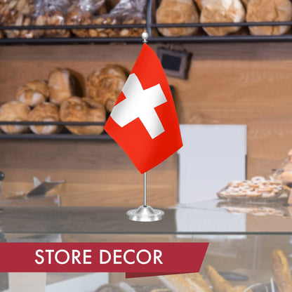 G128 Switzerland Swiss Deluxe Desk Flag Set | 8.5x5.5 In | Printed 300D Polyester, with Silver Dome and Base, 15" Metal Pole, Decorations For Office, Home and Festival Events Celebration