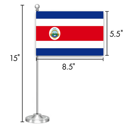 G128 Costa Rica Costa Rican Deluxe Desk Flag Set | 8.5x5.5 In | Printed 300D Polyester, with Silver Dome and Base, 15" Metal Pole, Decorations For Office, Home and Festival Events Celebration