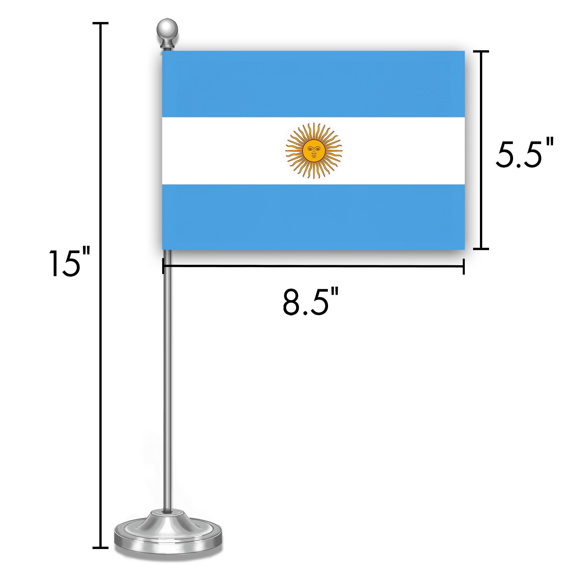 Argentina Argentinian Deluxe Desk Flag Set | 8.5x5.5 In | Printed 300D Polyester, with Silver Dome and Base, 15" Metal Pole, Decorations For Office, Home and Festival Events Celebration