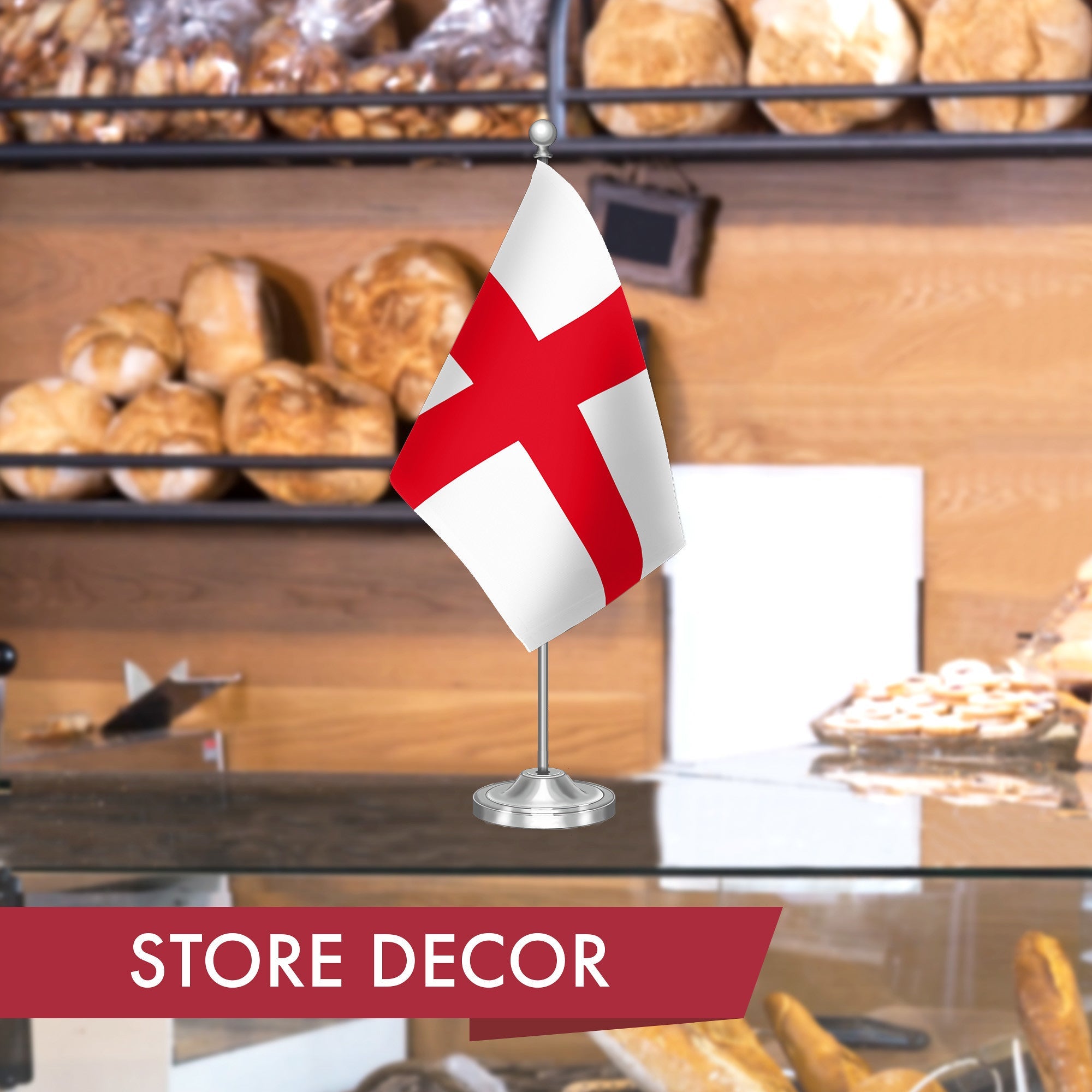 G128 England English Deluxe Desk Flag Set | 8.5x5.5 In | Printed 300D Polyester, with Silver Dome and Base, 15" Metal Pole, Decorations For Office, Home and Festival Events Celebration
