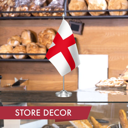 G128 England English Deluxe Desk Flag Set | 8.5x5.5 In | Printed 300D Polyester, with Silver Dome and Base, 15" Metal Pole, Decorations For Office, Home and Festival Events Celebration