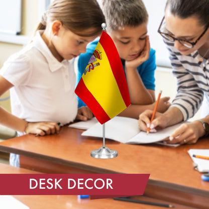 G128 Spain Spanish Deluxe Desk Flag Set | 8.5x5.5 In | Printed 300D Polyester, with Silver Dome and Base, 15" Metal Pole, Decorations For Office, Home and Festival Events Celebration