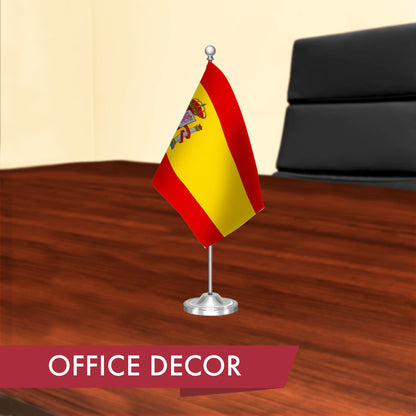 G128 Spain Spanish Deluxe Desk Flag Set | 8.5x5.5 In | Printed 300D Polyester, with Silver Dome and Base, 15" Metal Pole, Decorations For Office, Home and Festival Events Celebration