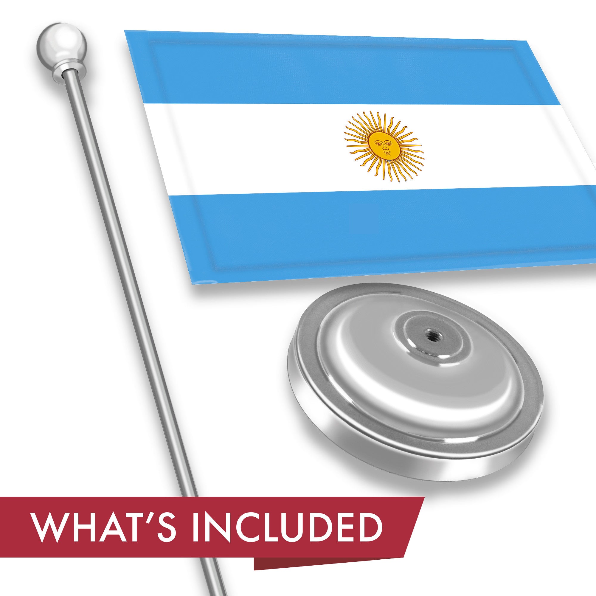 Argentina Argentinian Deluxe Desk Flag Set | 8.5x5.5 In | Printed 300D Polyester, with Silver Dome and Base, 15" Metal Pole, Decorations For Office, Home and Festival Events Celebration