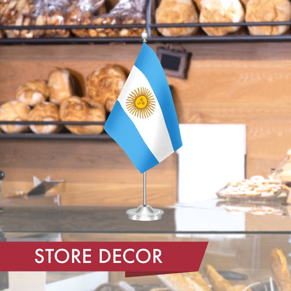Argentina Argentinian Deluxe Desk Flag Set | 8.5x5.5 In | Printed 300D Polyester, with Silver Dome and Base, 15" Metal Pole, Decorations For Office, Home and Festival Events Celebration