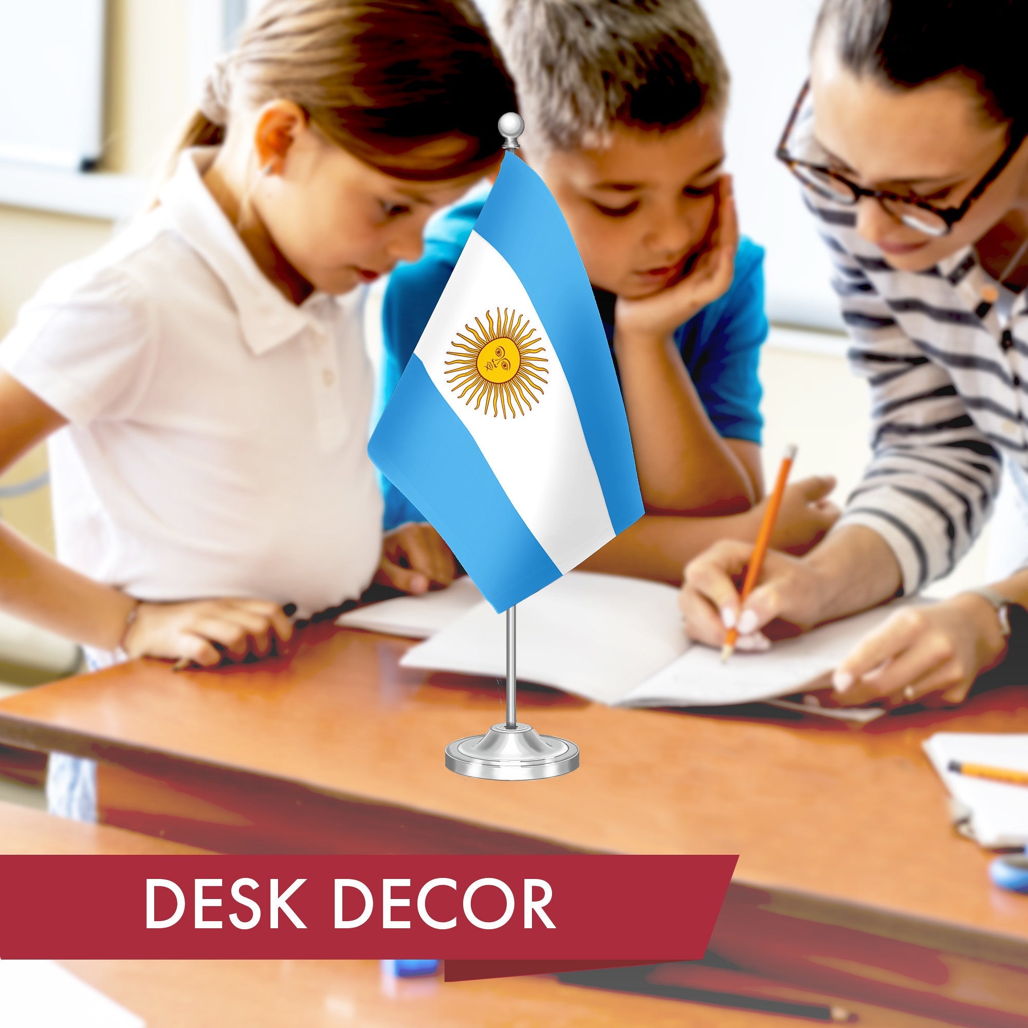 Argentina Argentinian Deluxe Desk Flag Set | 8.5x5.5 In | Printed 300D Polyester, with Silver Dome and Base, 15" Metal Pole, Decorations For Office, Home and Festival Events Celebration