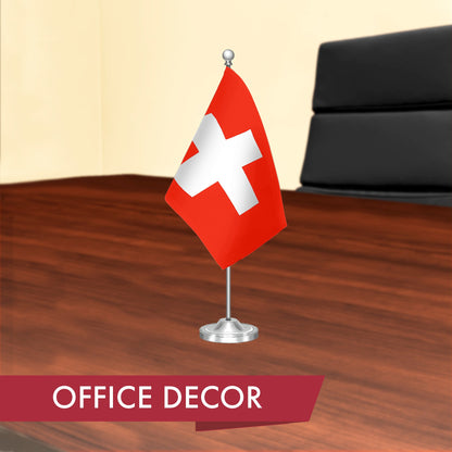 G128 Switzerland Swiss Deluxe Desk Flag Set | 8.5x5.5 In | Printed 300D Polyester, with Silver Dome and Base, 15" Metal Pole, Decorations For Office, Home and Festival Events Celebration