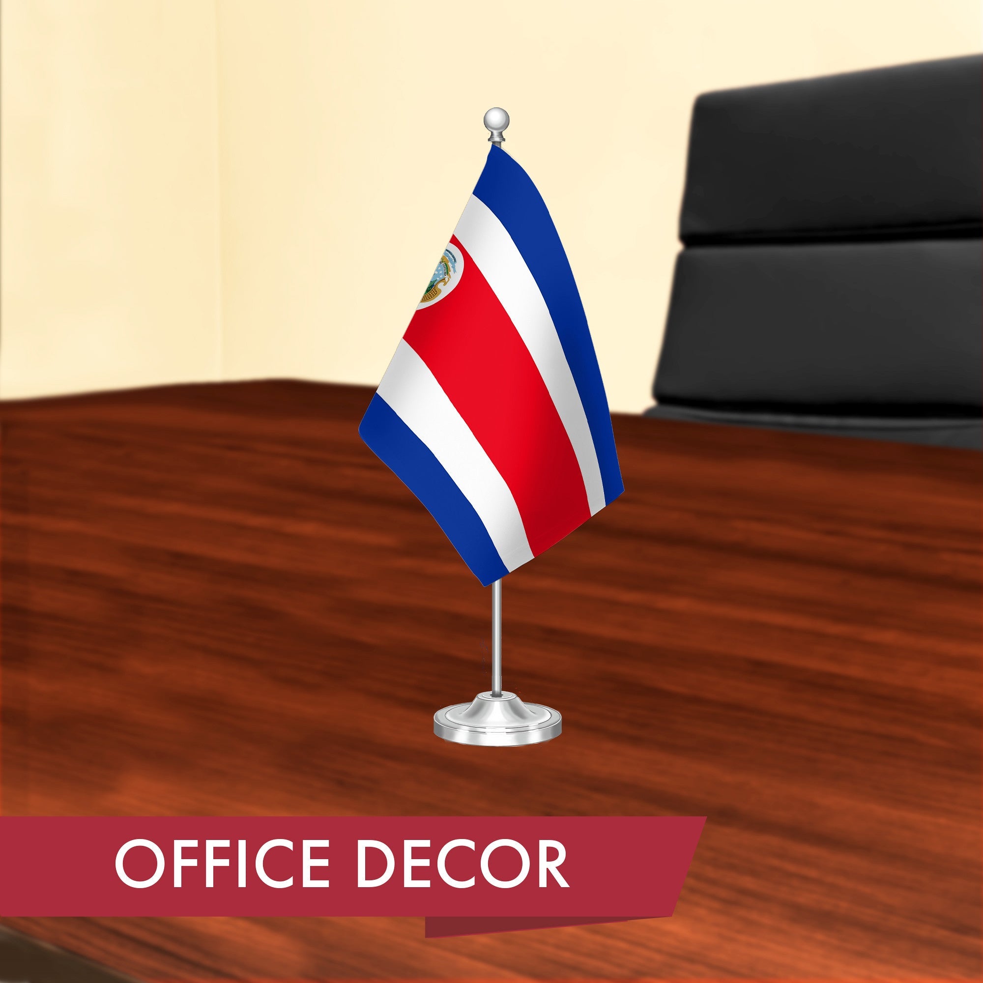 G128 Costa Rica Costa Rican Deluxe Desk Flag Set | 8.5x5.5 In | Printed 300D Polyester, with Silver Dome and Base, 15" Metal Pole, Decorations For Office, Home and Festival Events Celebration