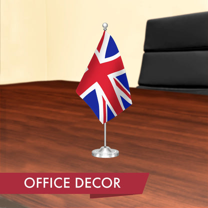 G128 United Kingdom UK Deluxe Desk Flag Set | 8.5x5.5 In | Printed 300D Polyester, with Silver Dome and Base, 15" Metal Pole, Decorations For Office, Home and Festival Events Celebration