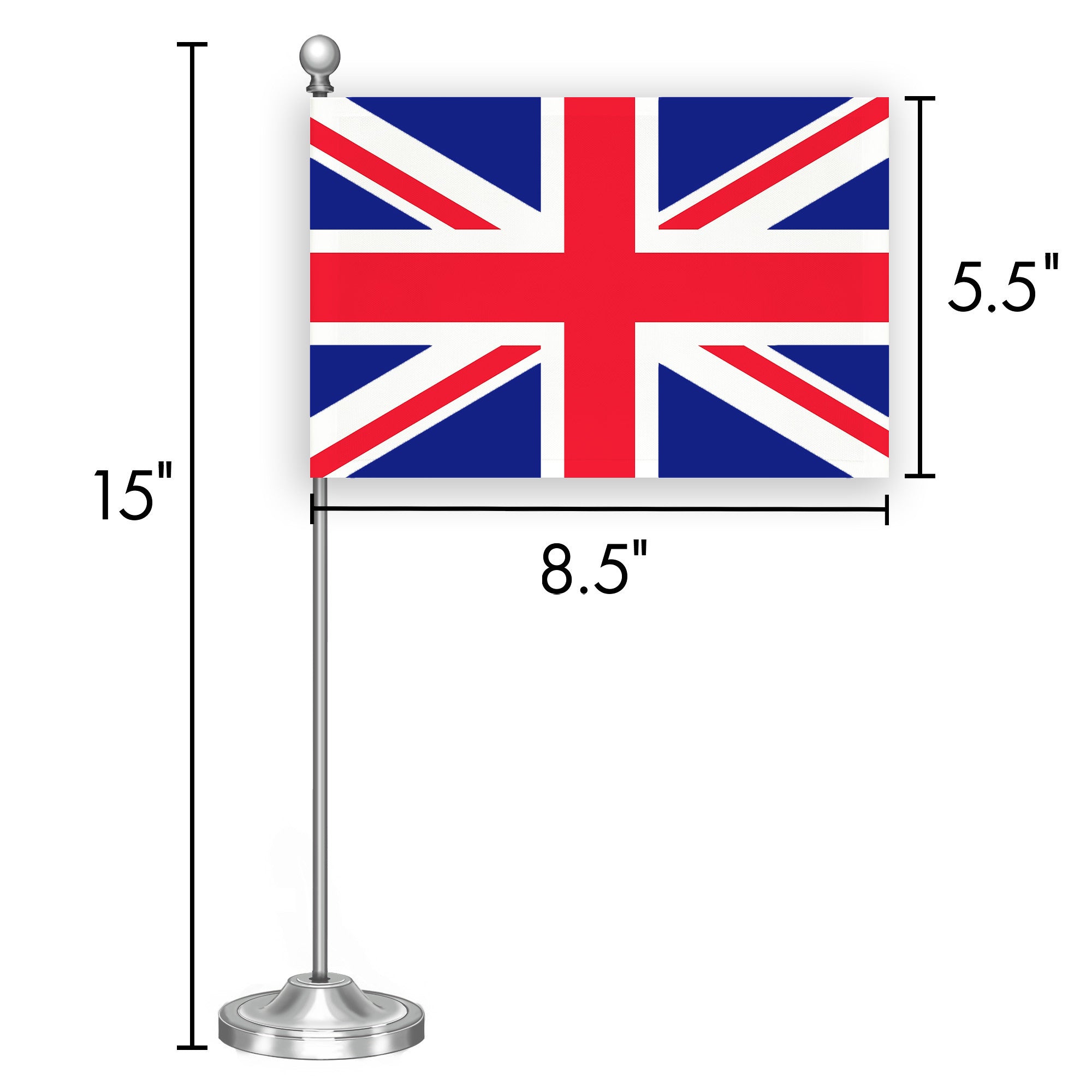 G128 United Kingdom UK Deluxe Desk Flag Set | 8.5x5.5 In | Printed 300D Polyester, with Silver Dome and Base, 15" Metal Pole, Decorations For Office, Home and Festival Events Celebration