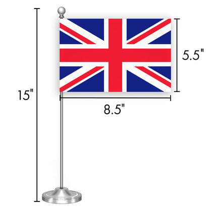 G128 United Kingdom UK Deluxe Desk Flag Set | 8.5x5.5 In | Printed 300D Polyester, with Silver Dome and Base, 15" Metal Pole, Decorations For Office, Home and Festival Events Celebration
