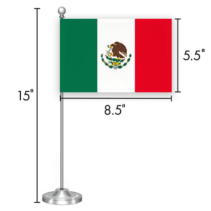 G128 Mexico Mexican Deluxe Desk Flag Set | 8.5x5.5 In | Printed 300D Polyester, with Silver Dome and Base, 15" Metal Pole, Decorations For Office, Home and Festival Events Celebration