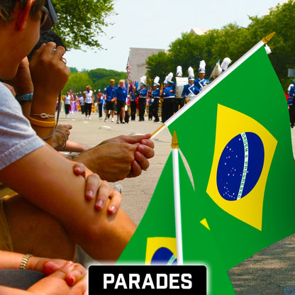 G128 50 Pack Handheld Brazil Brazilian Stick Flags | 12x18 In | Printed 150D Polyester, Country Flag, Solid Wooden Stick, Spear Gold Tip