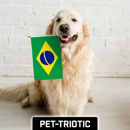 G128 12 Pack Handheld Brazil Brazilian Stick Flags | 12x18 In | Printed 150D Polyester, Country Flag, Solid Wooden Stick, Spear Gold Tip