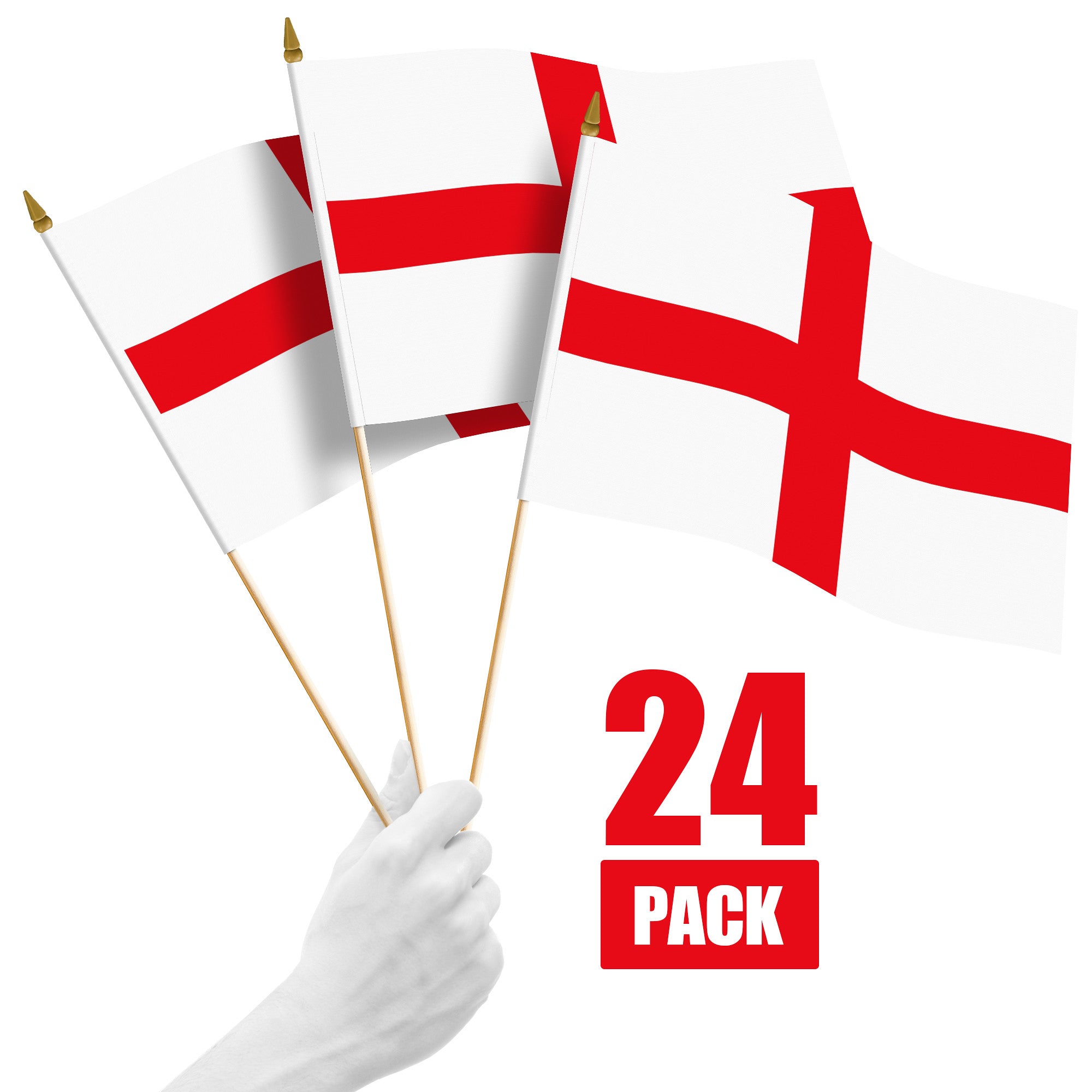 G128 24 Pack Handheld England English Stick Flags | 12x18 In | Printed 150D Polyester, Country Flag, Solid Wooden Stick, Spear Gold Tip