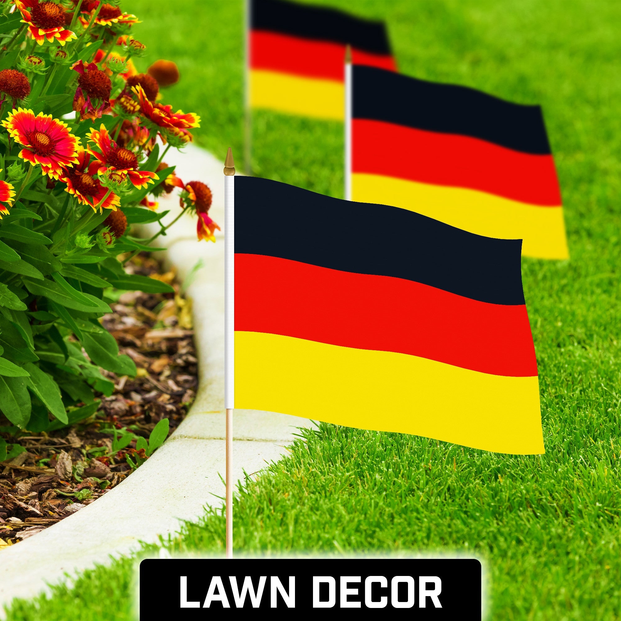 G128 30 Pack Handheld Germany German Stick Flags | 12x18 In | Printed 150D Polyester, Country Flag, Solid Wooden Stick, Spear Gold Tip