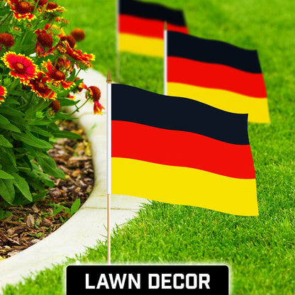 G128 30 Pack Handheld Germany German Stick Flags | 12x18 In | Printed 150D Polyester, Country Flag, Solid Wooden Stick, Spear Gold Tip