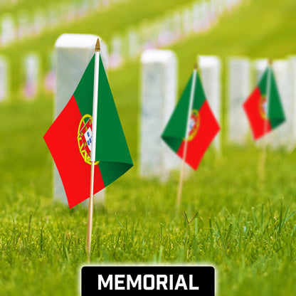 G128 30 Pack Handheld Portugal Portuguese Stick Flags | 12x18 In | Printed 150D Polyester, Country Flag, Solid Wooden Stick, Spear Gold Tip