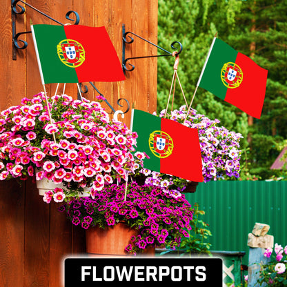 G128 24 Pack Handheld Portugal Portuguese Stick Flags | 12x18 In | Printed 150D Polyester, Country Flag, Solid Wooden Stick, Spear Gold Tip