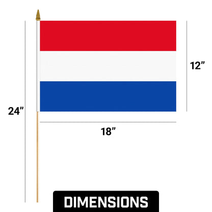 G128 30 Pack Handheld Netherlands Dutch Stick Flags | 12x18 In | Printed 150D Polyester, Country Flag, Solid Wooden Stick, Spear Gold Tip