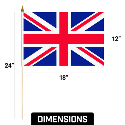G128 30 Pack Handheld United Kingdom UK Stick Flags | 12x18 In | Printed 150D Polyester, Country Flag, Solid Wooden Stick, Spear Gold Tip
