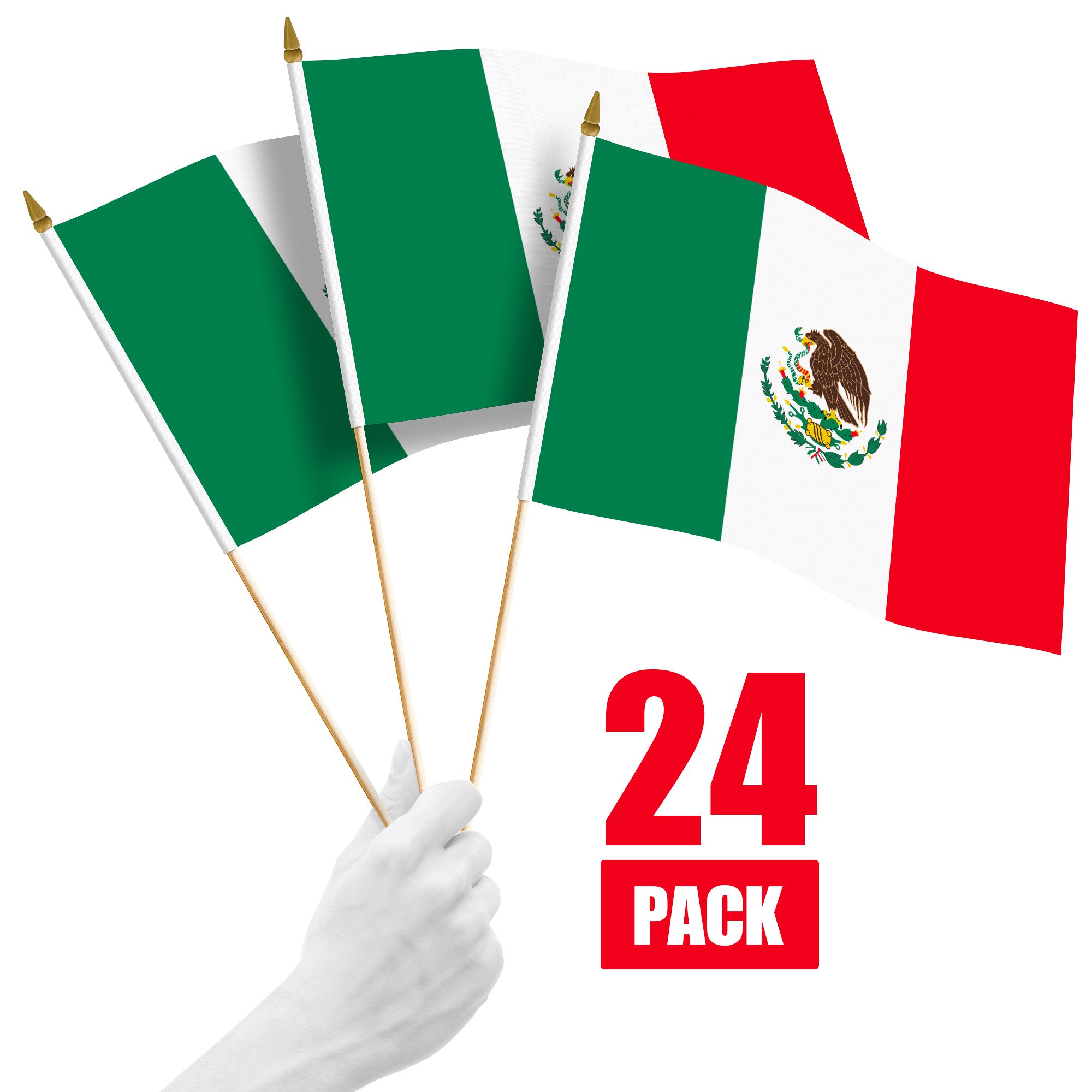 G128 24 Pack Handheld Mexico Mexican Stick Flags | 12x18 In | Printed 150D Polyester, Country Flag, Solid Wooden Stick, Spear Gold Tip