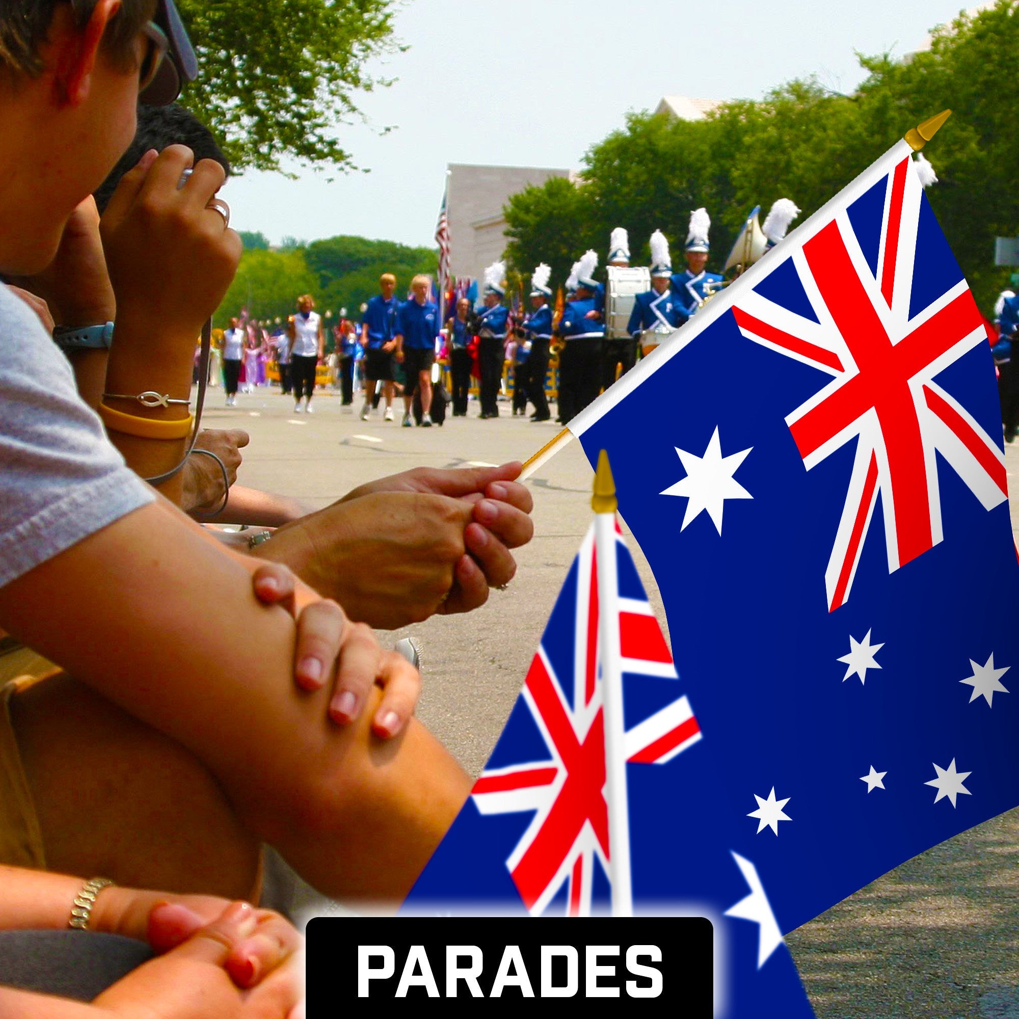 G128 50 Pack Handheld Australia Australian Stick Flags | 12x18 In | Printed 150D Polyester, Country Flag, Solid Wooden Stick, Spear Gold Tip