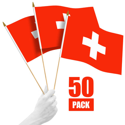 G128 50 Pack Handheld Switzerland Swiss Stick Flags | 12x18 In | Printed 150D Polyester, Country Flag, Solid Wooden Stick, Spear Gold Tip