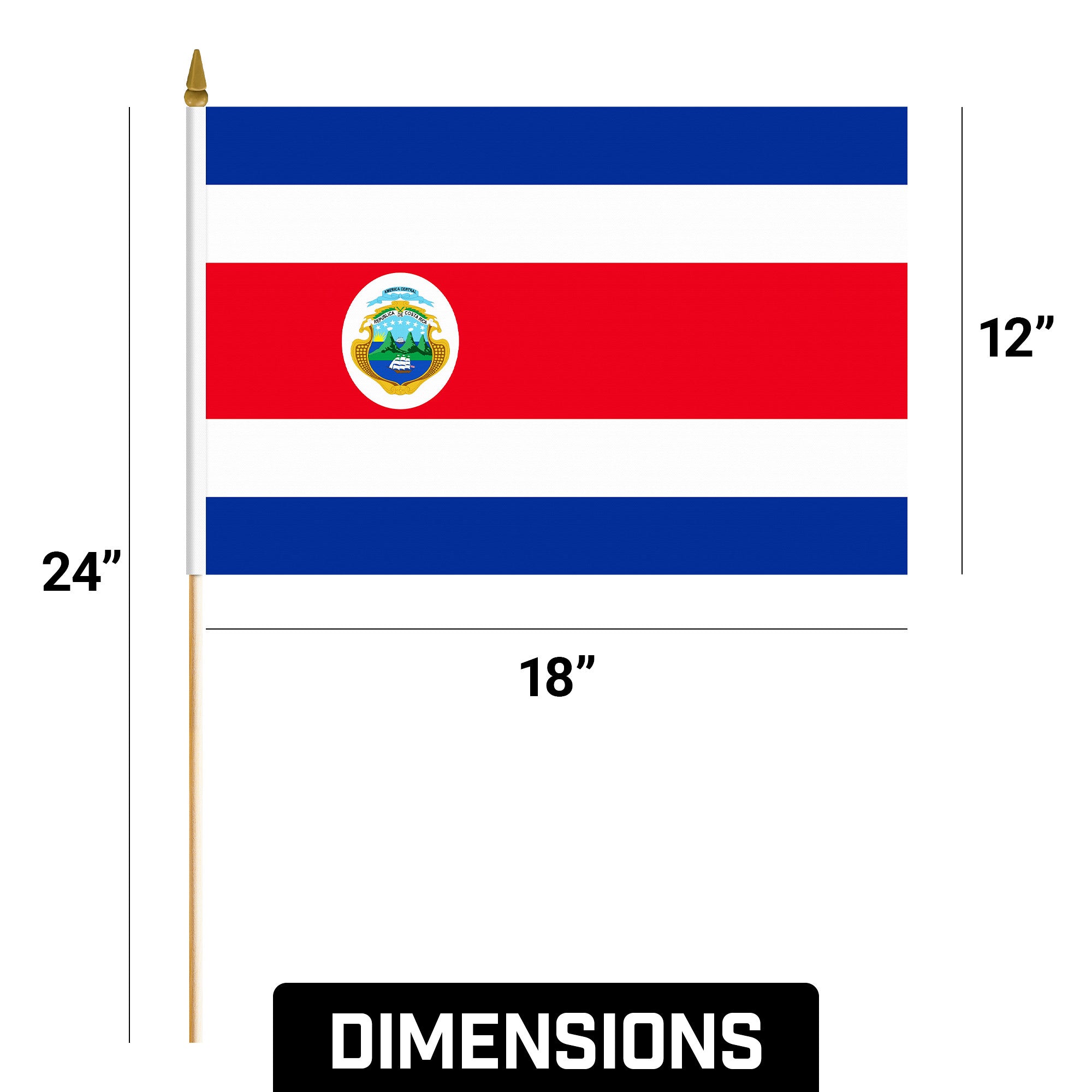 G128 12 Pack Handheld Costa Rica Costa Rican Stick Flags | 12x18 In | Printed 150D Polyester, Country Flag, Solid Wooden Stick, Spear Gold Tip