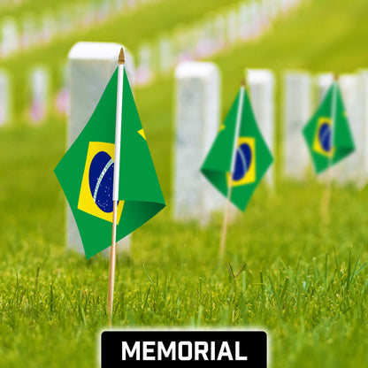 G128 12 Pack Handheld Brazil Brazilian Stick Flags | 12x18 In | Printed 150D Polyester, Country Flag, Solid Wooden Stick, Spear Gold Tip