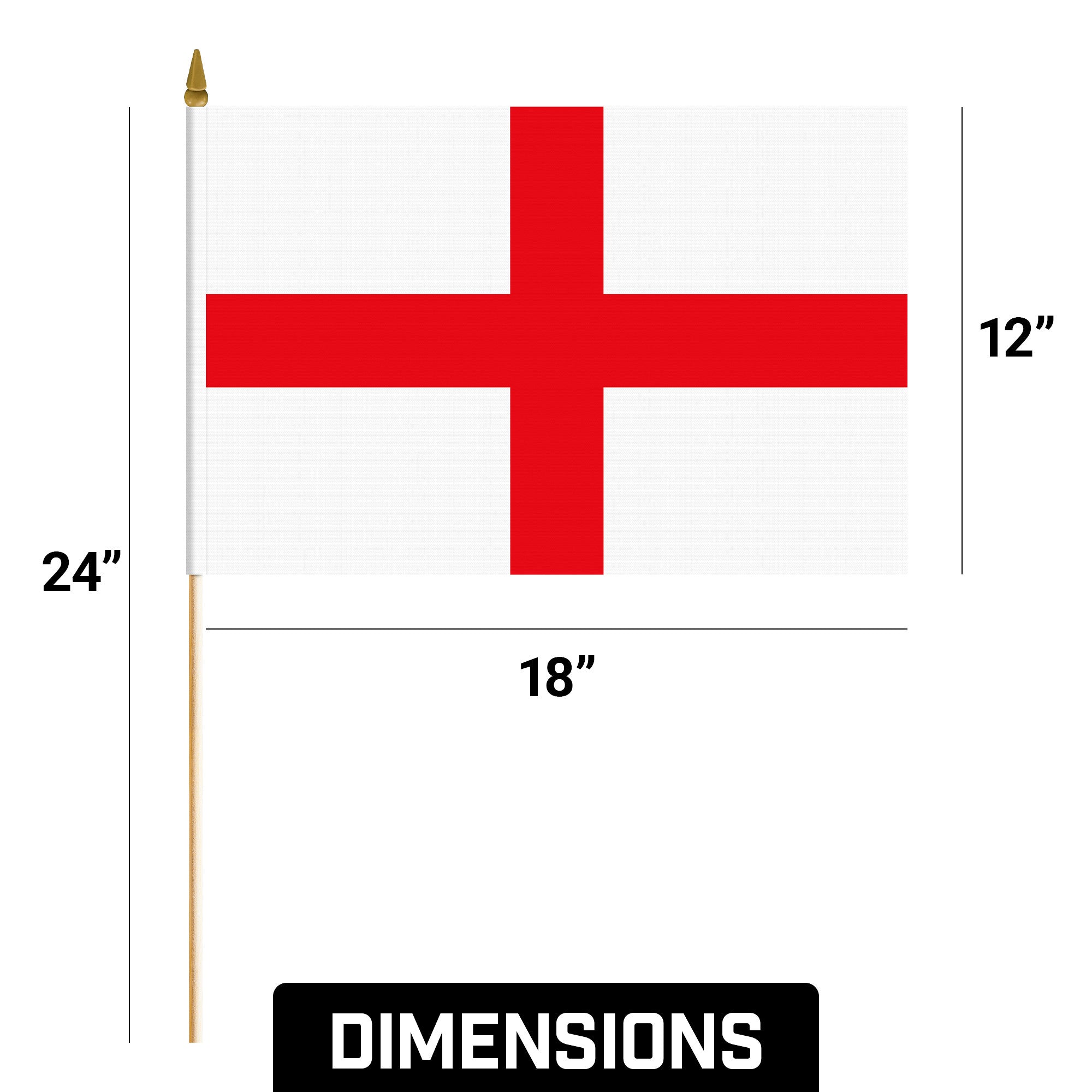 G128 12 Pack Handheld England English Stick Flags | 12x18 In | Printed 150D Polyester, Country Flag, Solid Wooden Stick, Spear Gold Tip