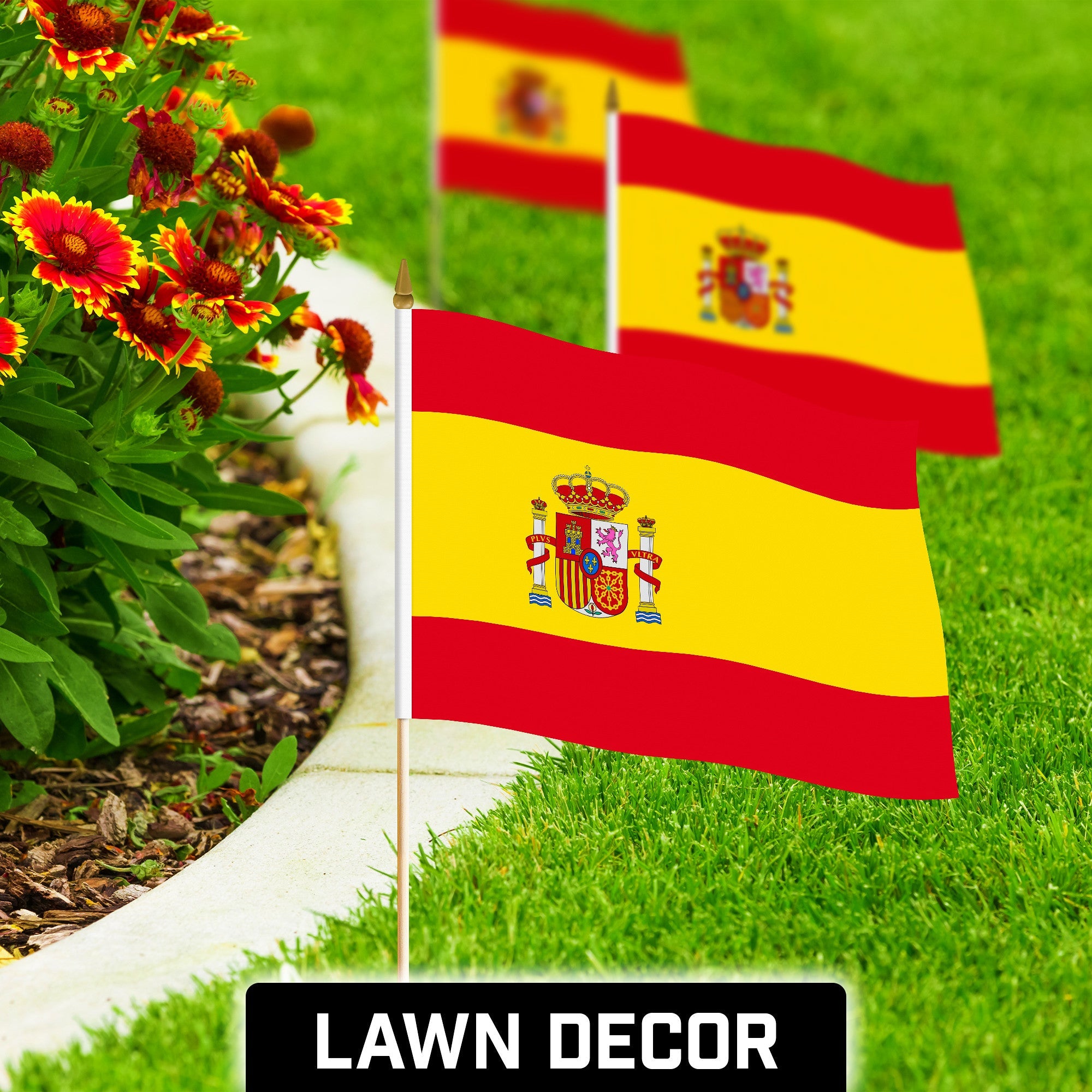 G128 12 Pack Handheld Spain Spanish Stick Flags | 12x18 In | Printed 150D Polyester, Country Flag, Solid Wooden Stick, Spear Gold Tip