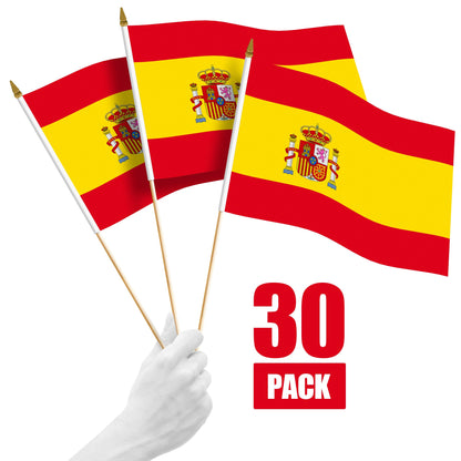 G128 30 Pack Handheld Spain Spanish Stick Flags | 12x18 In | Printed 150D Polyester, Country Flag, Solid Wooden Stick, Spear Gold Tip