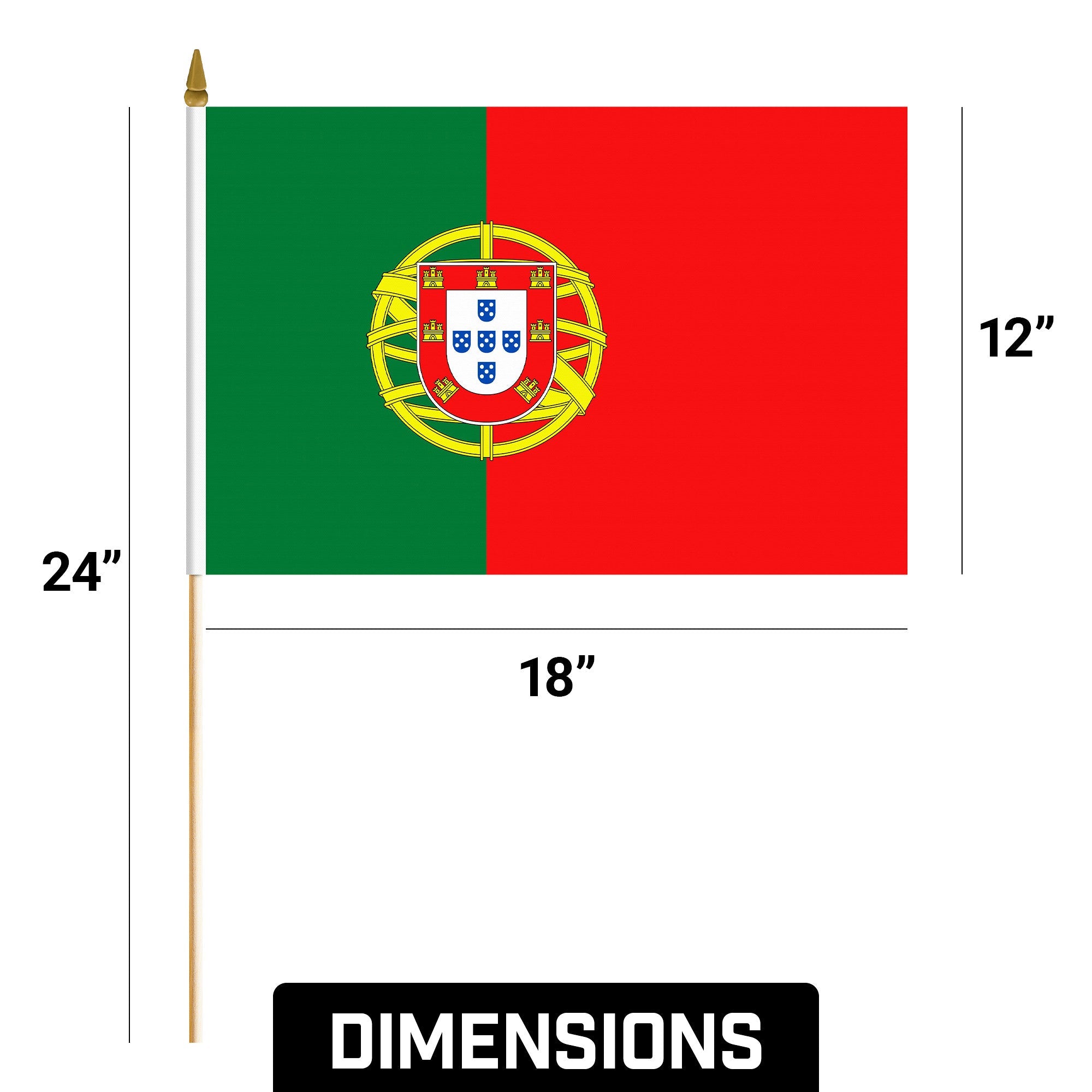 G128 50 Pack Handheld Portugal Portuguese Stick Flags | 12x18 In | Printed 150D Polyester, Country Flag, Solid Wooden Stick, Spear Gold Tip