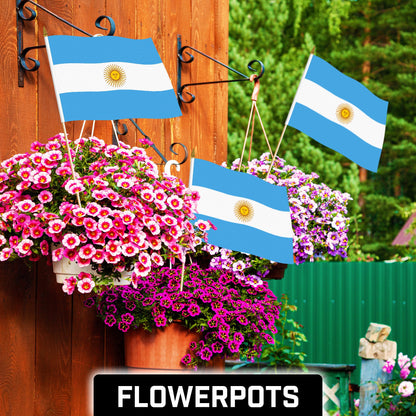 12 Pack Handheld Argentina Argentinian Stick Flags | 12x18 In | Printed 150D Polyester, Country Flag, Solid Wooden Stick, Spear Gold Tip