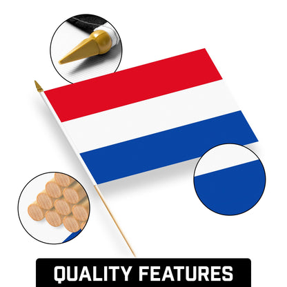 G128 30 Pack Handheld Netherlands Dutch Stick Flags | 12x18 In | Printed 150D Polyester, Country Flag, Solid Wooden Stick, Spear Gold Tip