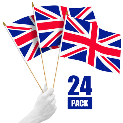 G128 24 Pack Handheld United Kingdom UK Stick Flags | 12x18 In | Printed 150D Polyester, Country Flag, Solid Wooden Stick, Spear Gold Tip