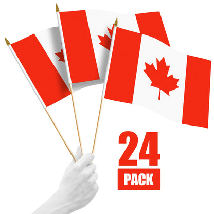 G128 24 Pack Handheld Canada Canadian Stick Flags | 12x18 In | Printed 150D Polyester, Country Flag, Solid Wooden Stick, Spear Gold Tip