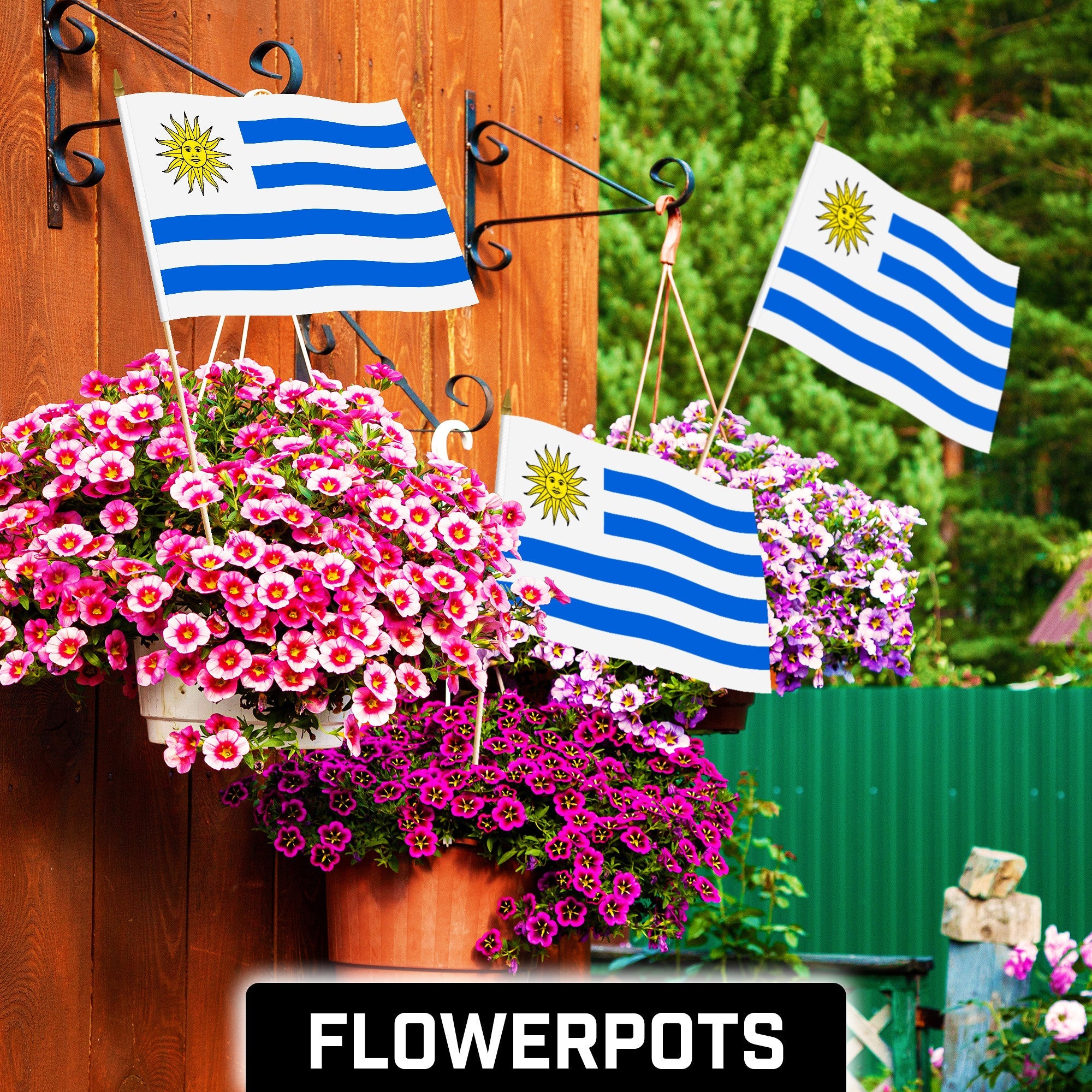 G128 12 Pack Handheld Uruguay Uruguayan Stick Flags | 12x18 In | Printed 150D Polyester, Country Flag, Solid Wooden Stick, Spear Gold Tip