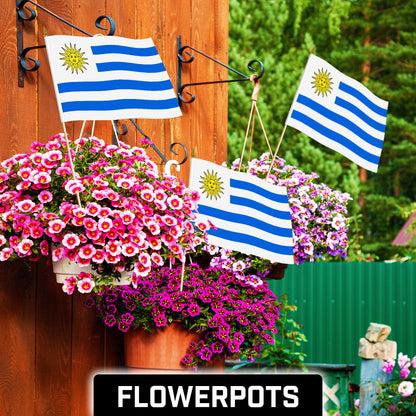 G128 30 Pack Handheld Uruguay Uruguayan Stick Flags | 12x18 In | Printed 150D Polyester, Country Flag, Solid Wooden Stick, Spear Gold Tip