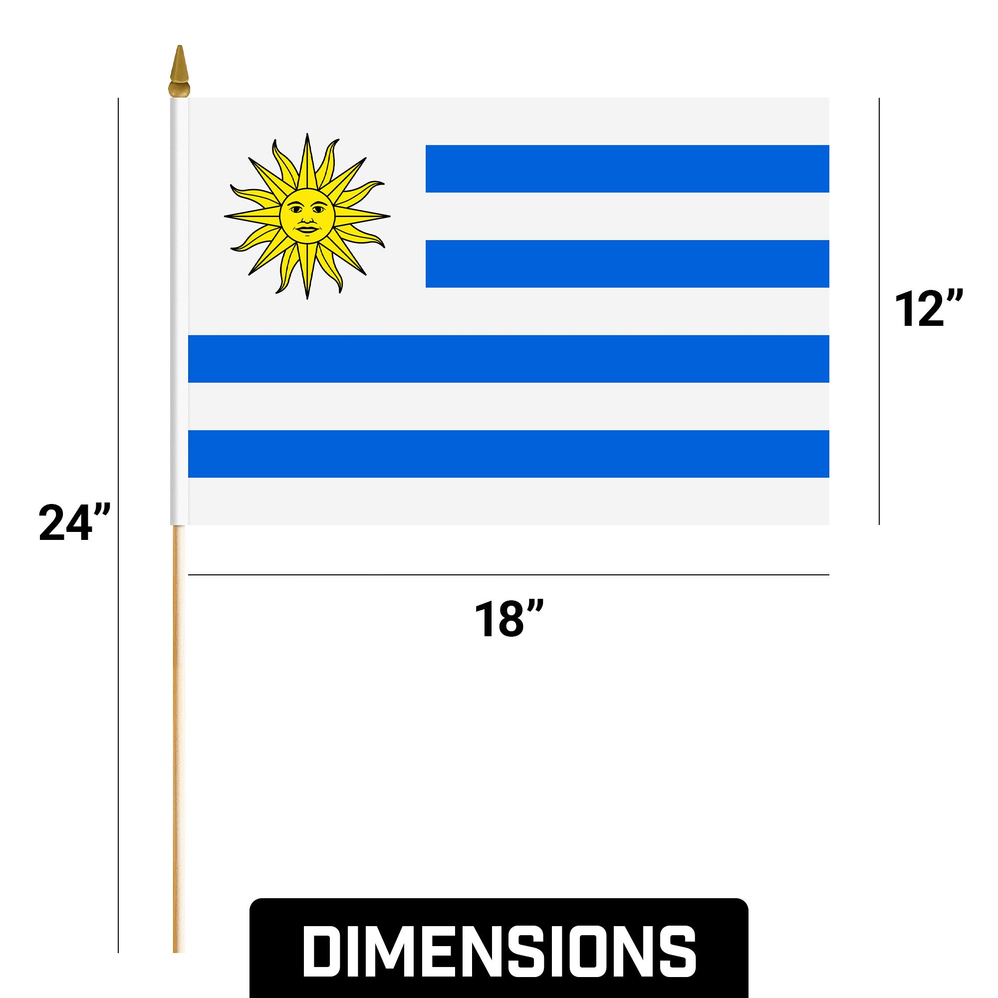 G128 50 Pack Handheld Uruguay Uruguayan Stick Flags | 12x18 In | Printed 150D Polyester, Country Flag, Solid Wooden Stick, Spear Gold Tip