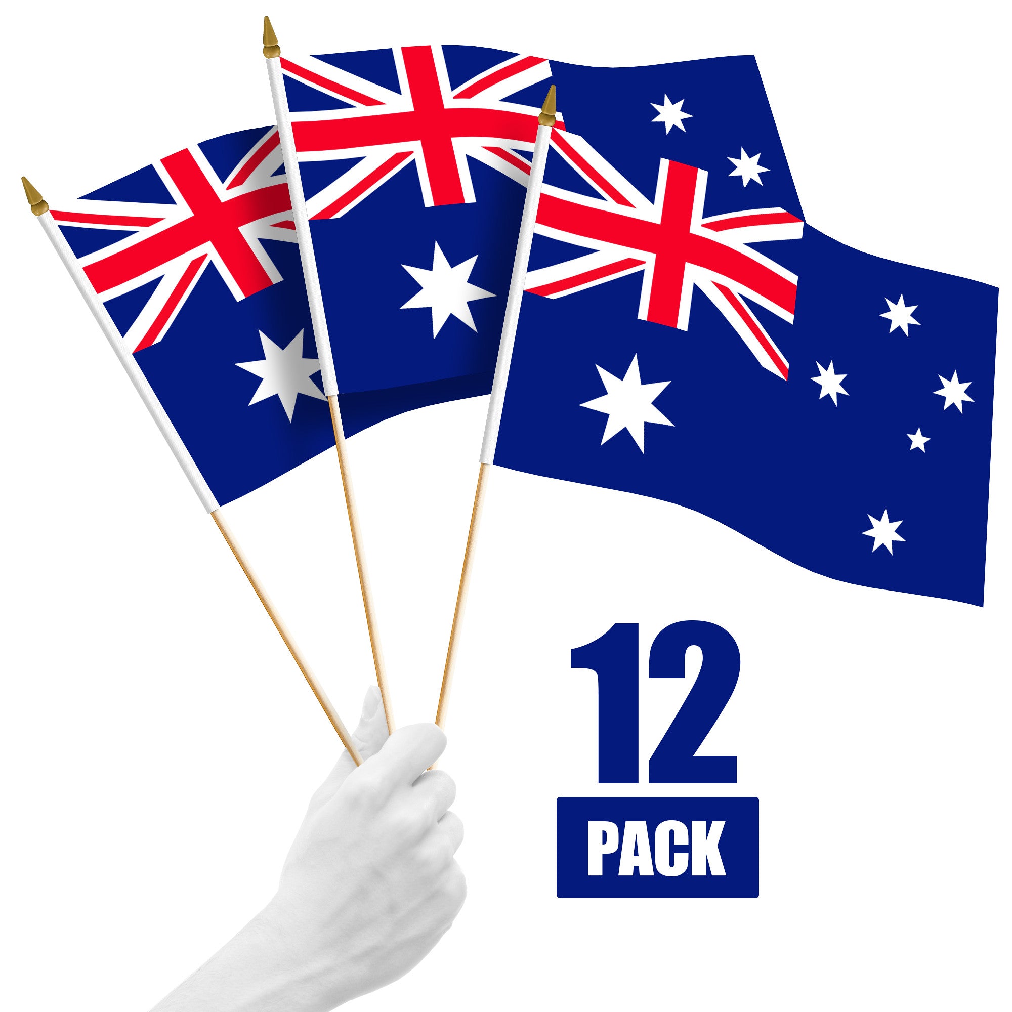 G128 12 Pack Handheld Australia Australian Stick Flags | 12x18 In | Printed 150D Polyester, Country Flag, Solid Wooden Stick, Spear Gold Tip