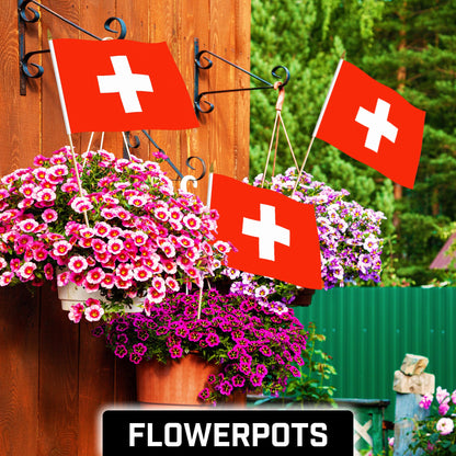 G128 24 Pack Handheld Switzerland Swiss Stick Flags | 12x18 In | Printed 150D Polyester, Country Flag, Solid Wooden Stick, Spear Gold Tip