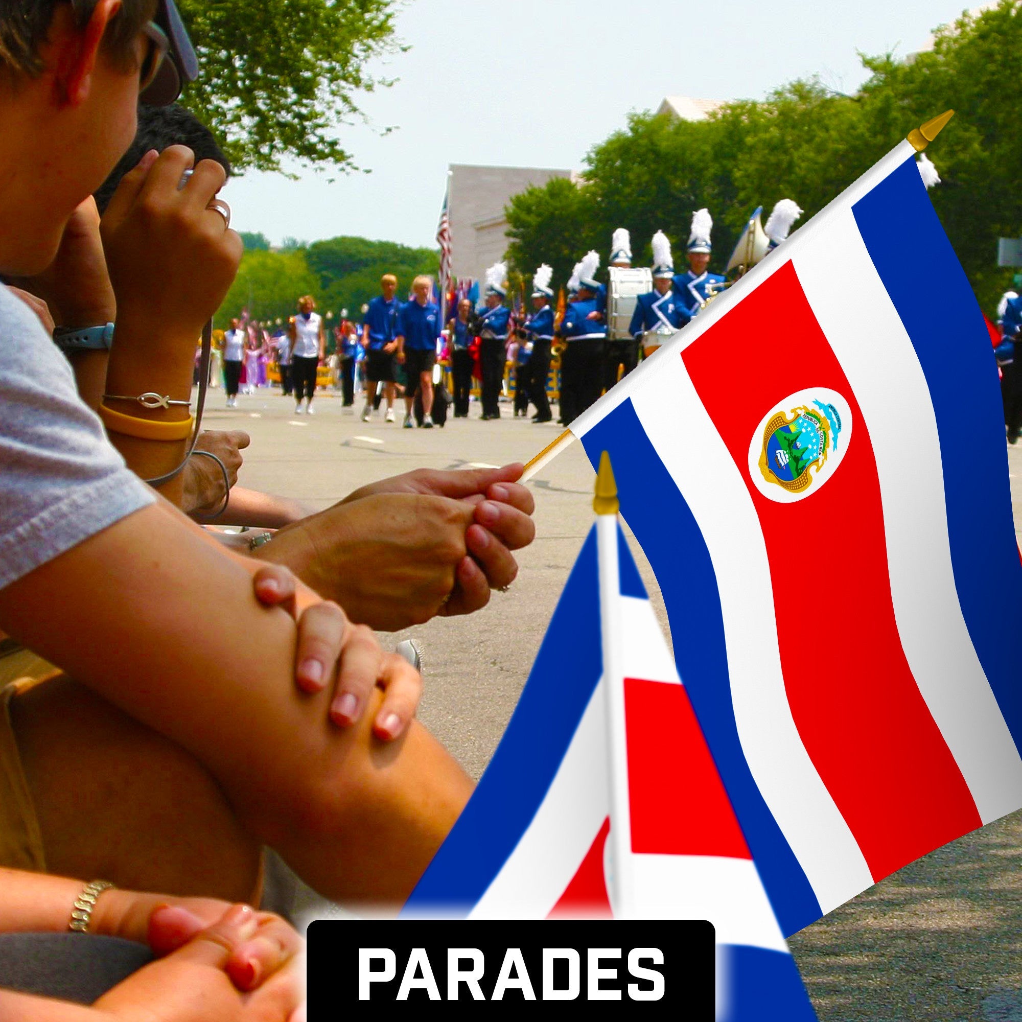G128 12 Pack Handheld Costa Rica Costa Rican Stick Flags | 12x18 In | Printed 150D Polyester, Country Flag, Solid Wooden Stick, Spear Gold Tip